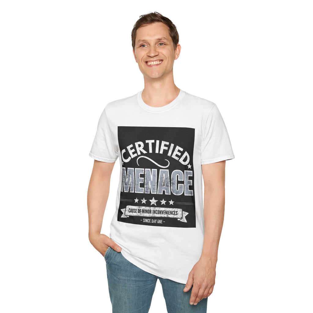 Certified Menace T-Shirt White Writing Black Background – Funny Retro Badge Graphic Tee