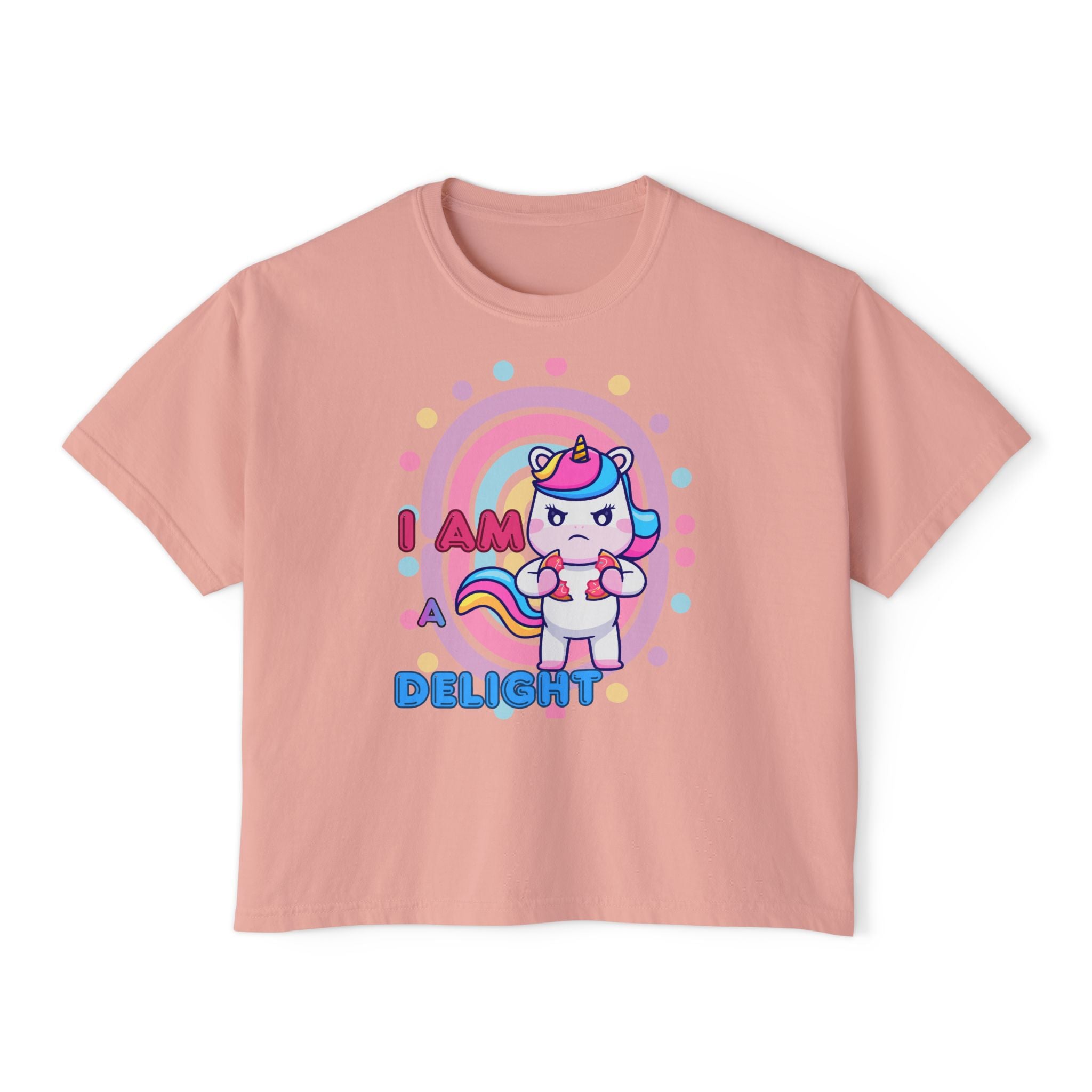 I Am Delight Unicorn Boxy Tee — Cute Rainbow Graphic Women’s Shirt