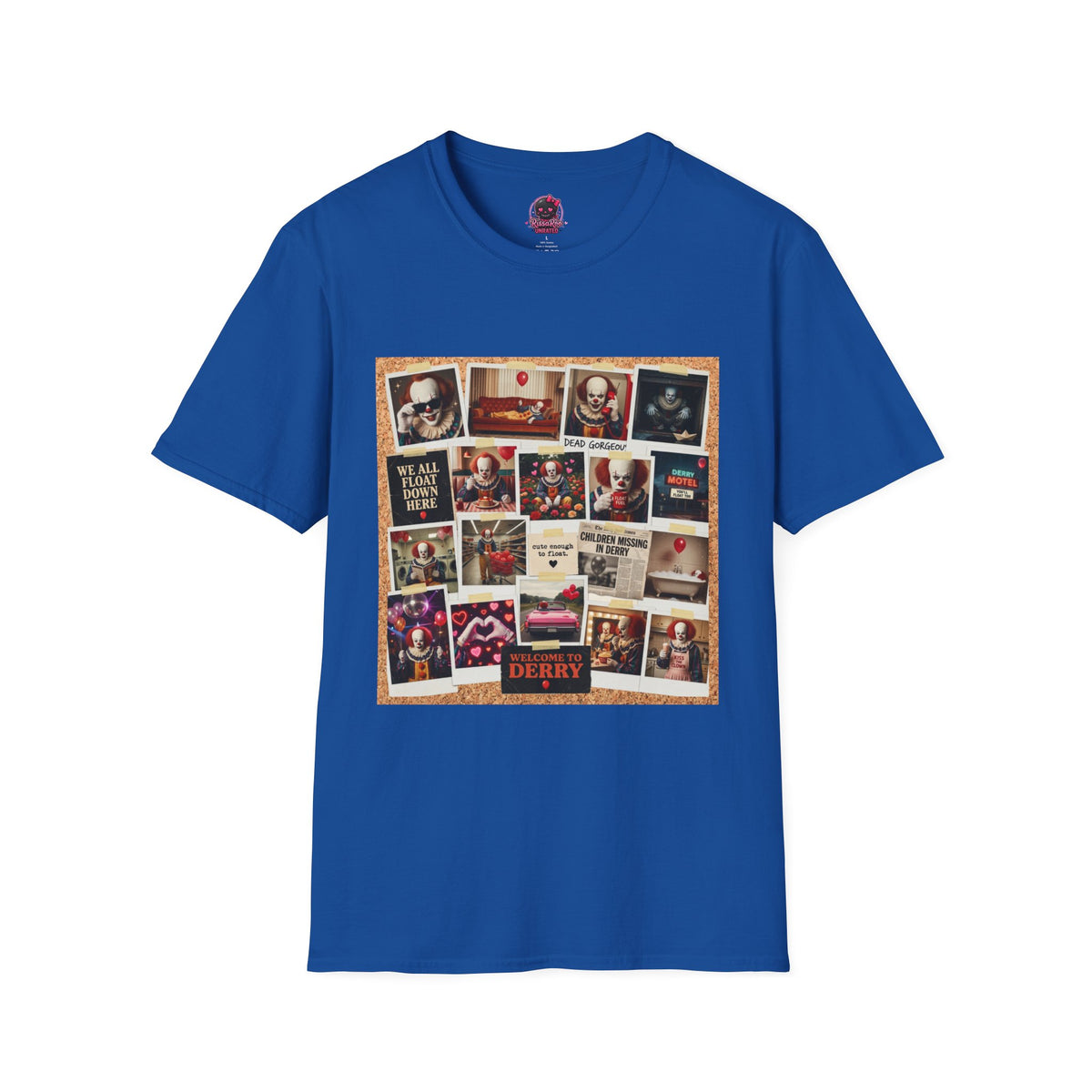 Horror Movie Clown Collage T‑Shirt — 'We All Float Down Here' Vintage Poster Tee