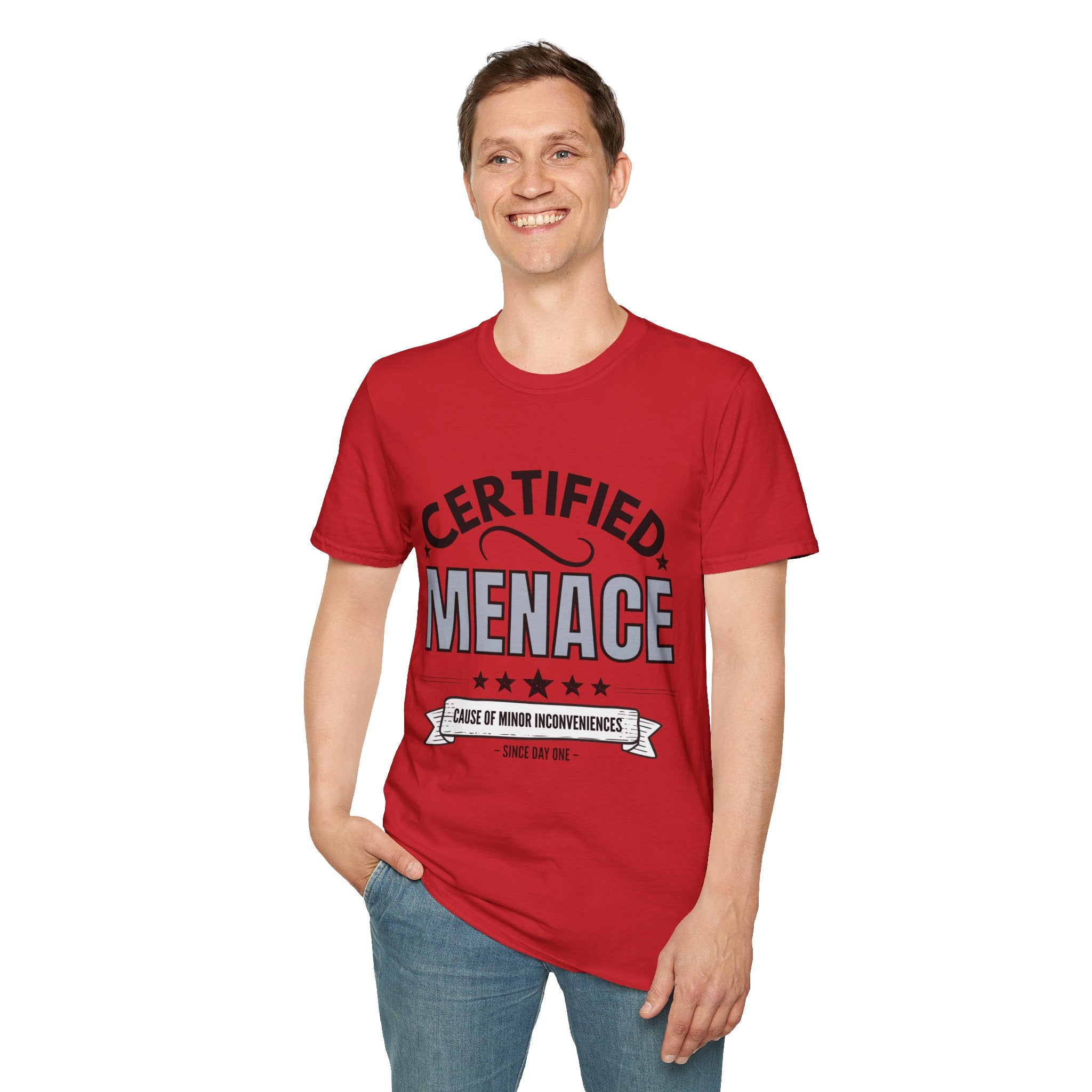 Certified Menace T-Shirt Black Writing — Funny Retro Badge Tee for Sarcastic Teens & Friends