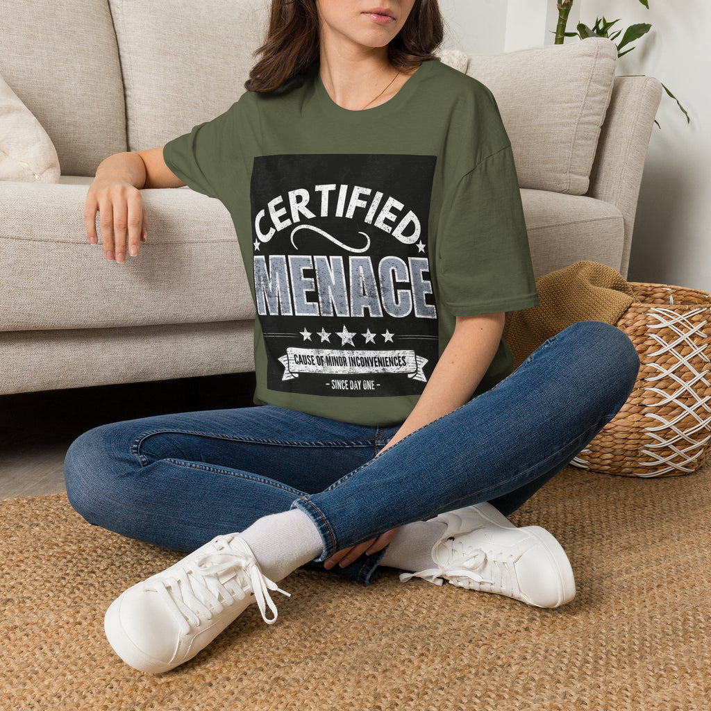Certified Menace T-Shirt White Writing Black Background – Funny Retro Badge Graphic Tee
