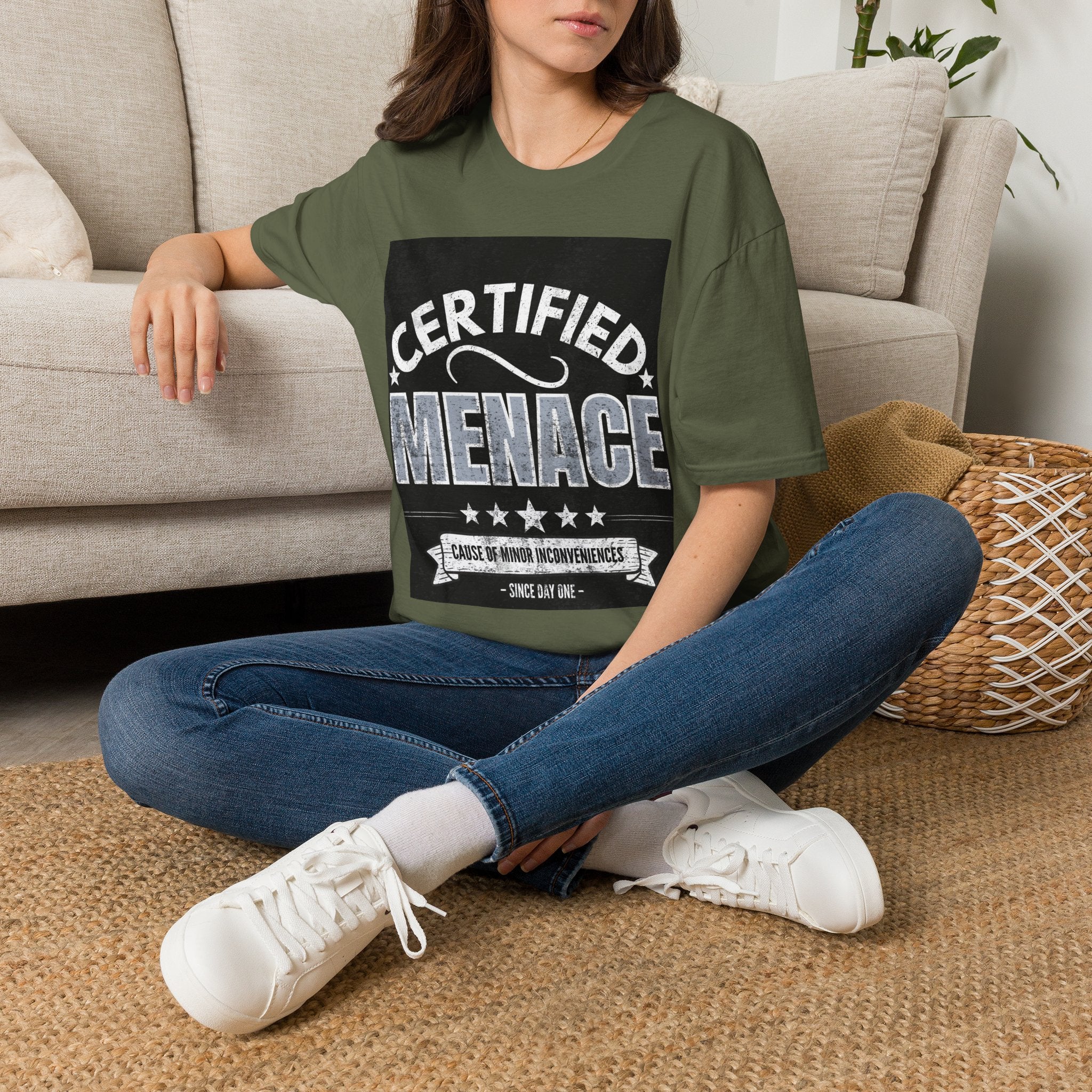 Certified Menace T-Shirt White Writing Black Background – Funny Retro Badge Graphic Tee