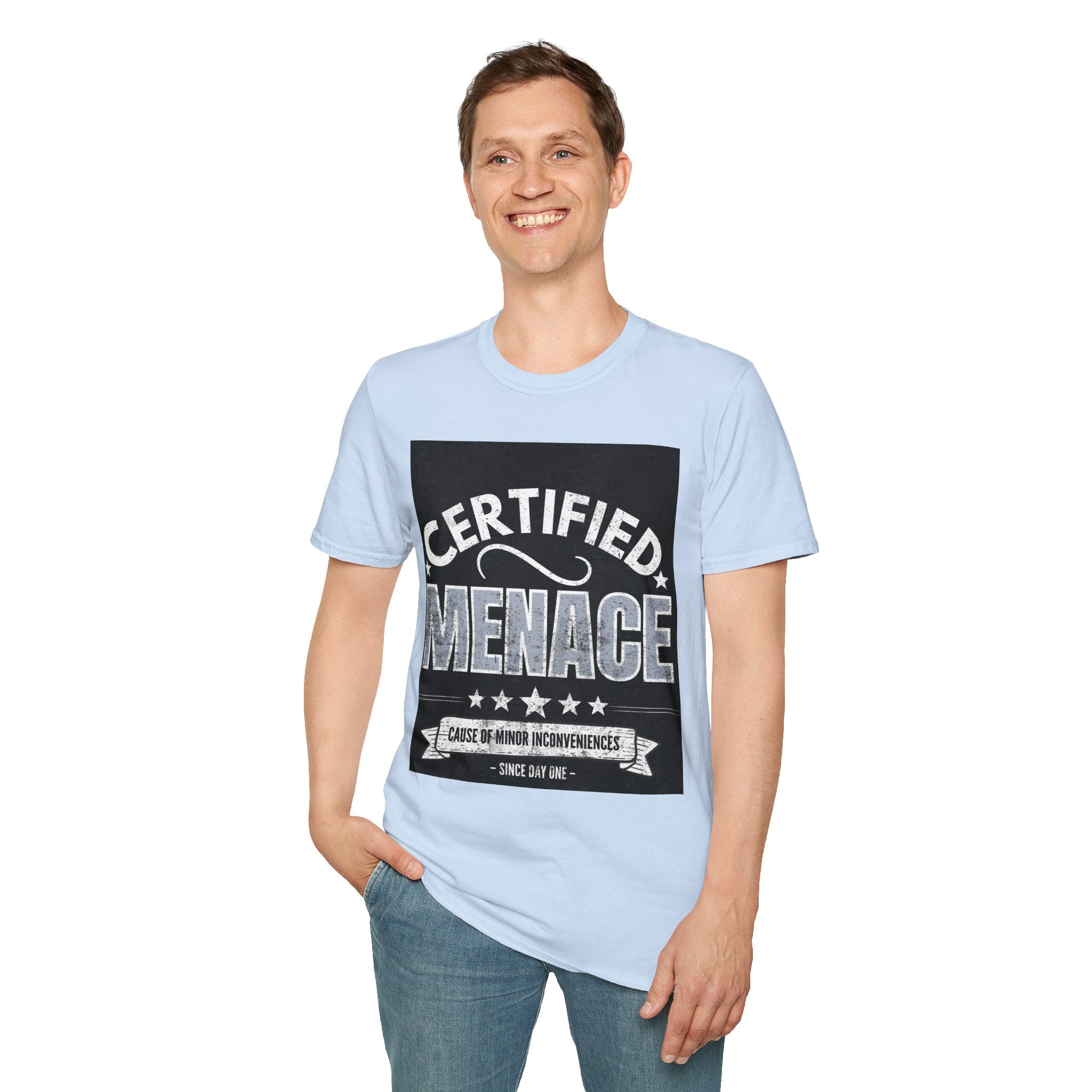 Certified Menace T-Shirt White Writing Black Background – Funny Retro Badge Graphic Tee