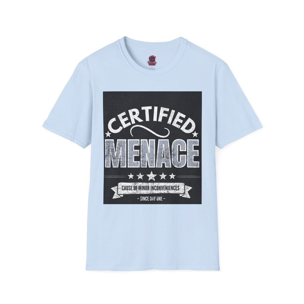 Certified Menace T-Shirt White Writing Black Background – Funny Retro Badge Graphic Tee