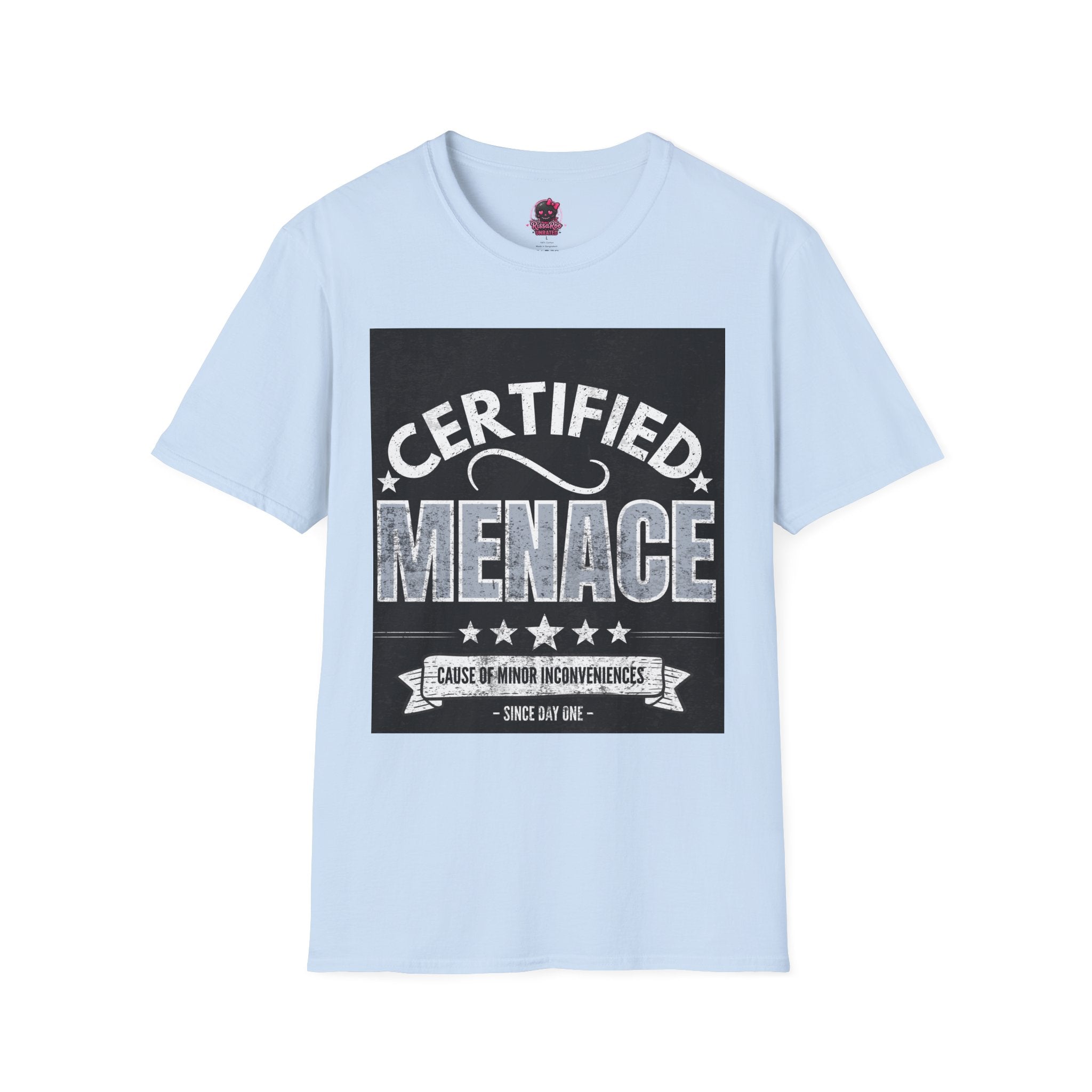 Certified Menace T-Shirt White Writing Black Background – Funny Retro Badge Graphic Tee