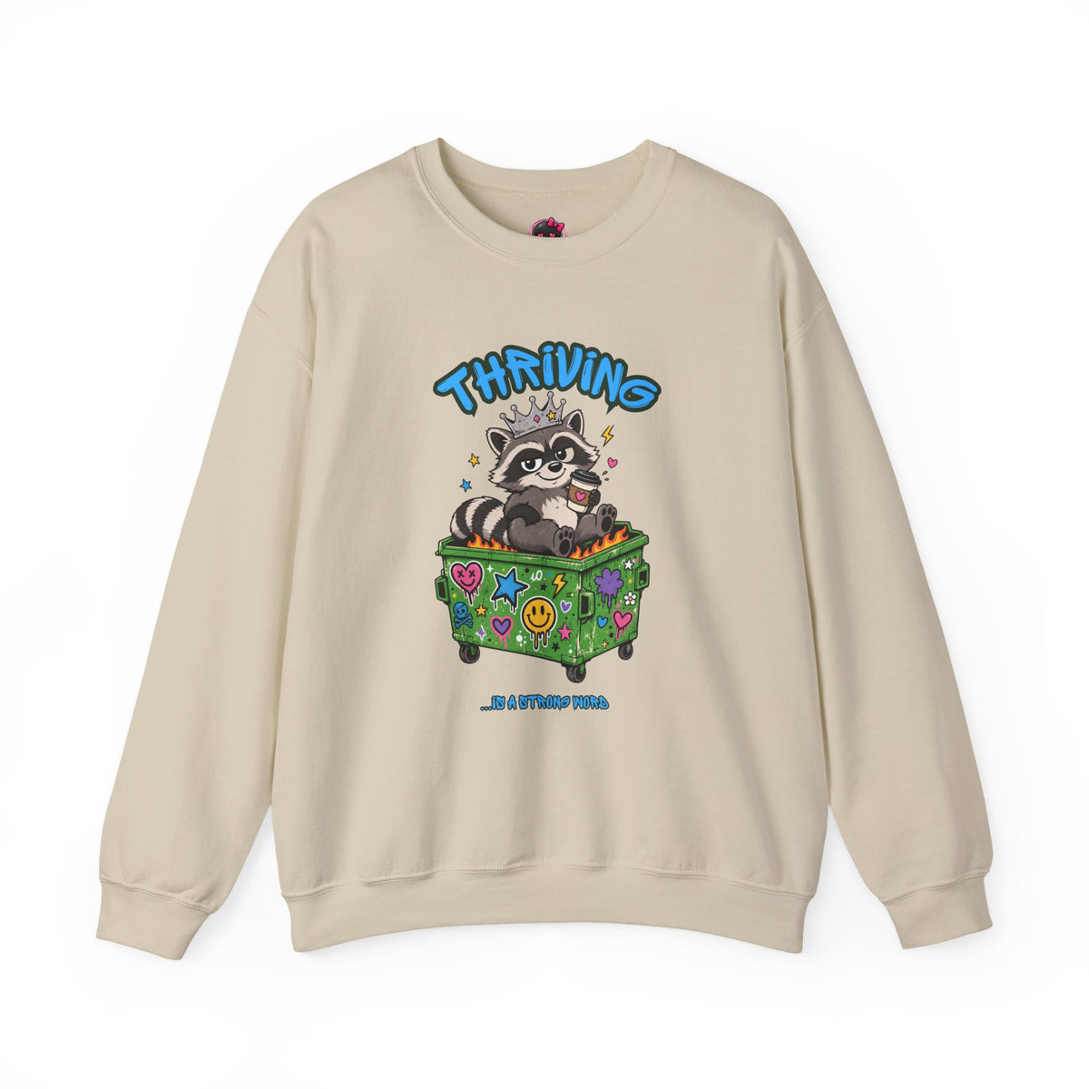 Thriving Raccoon Crewneck Sweatshirt — "Thriving" Cute Raccoon in Colorful Box Graphic