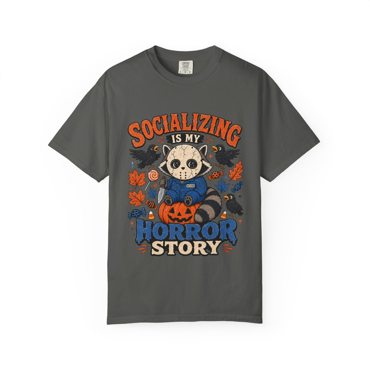 Halloween Tee "Socializing Is My Horror Story" Jason Raccoon