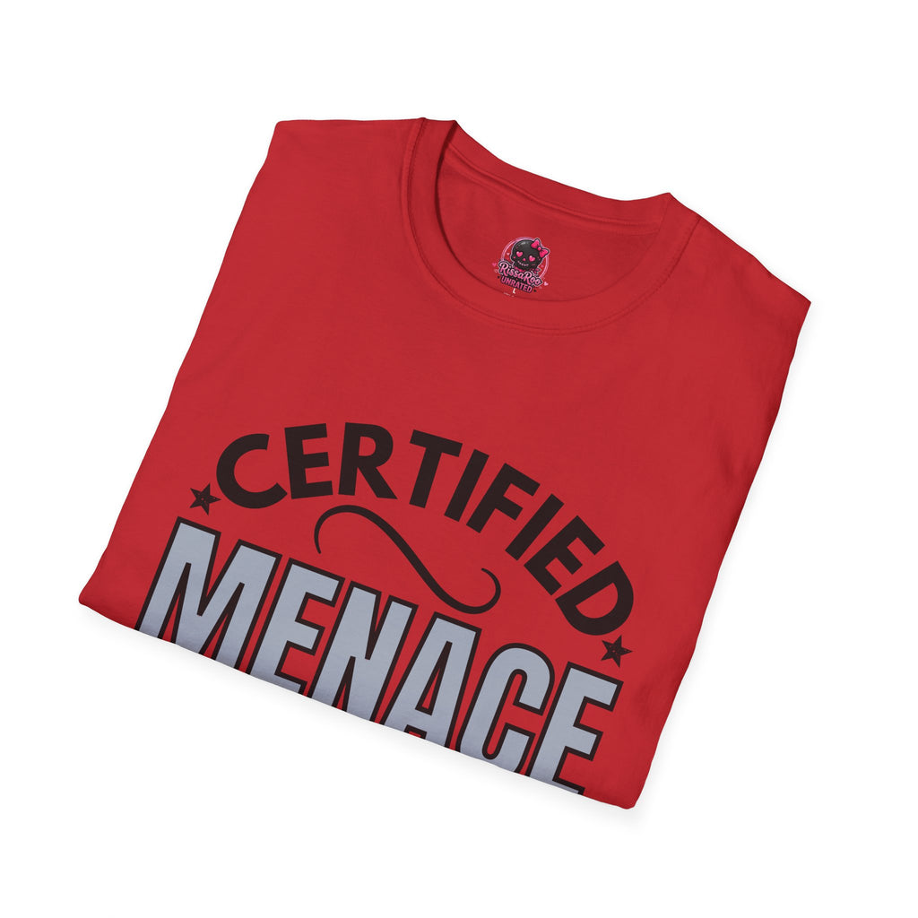 Certified Menace T-Shirt Black Writing — Funny Retro Badge Tee for Sarcastic Teens & Friends