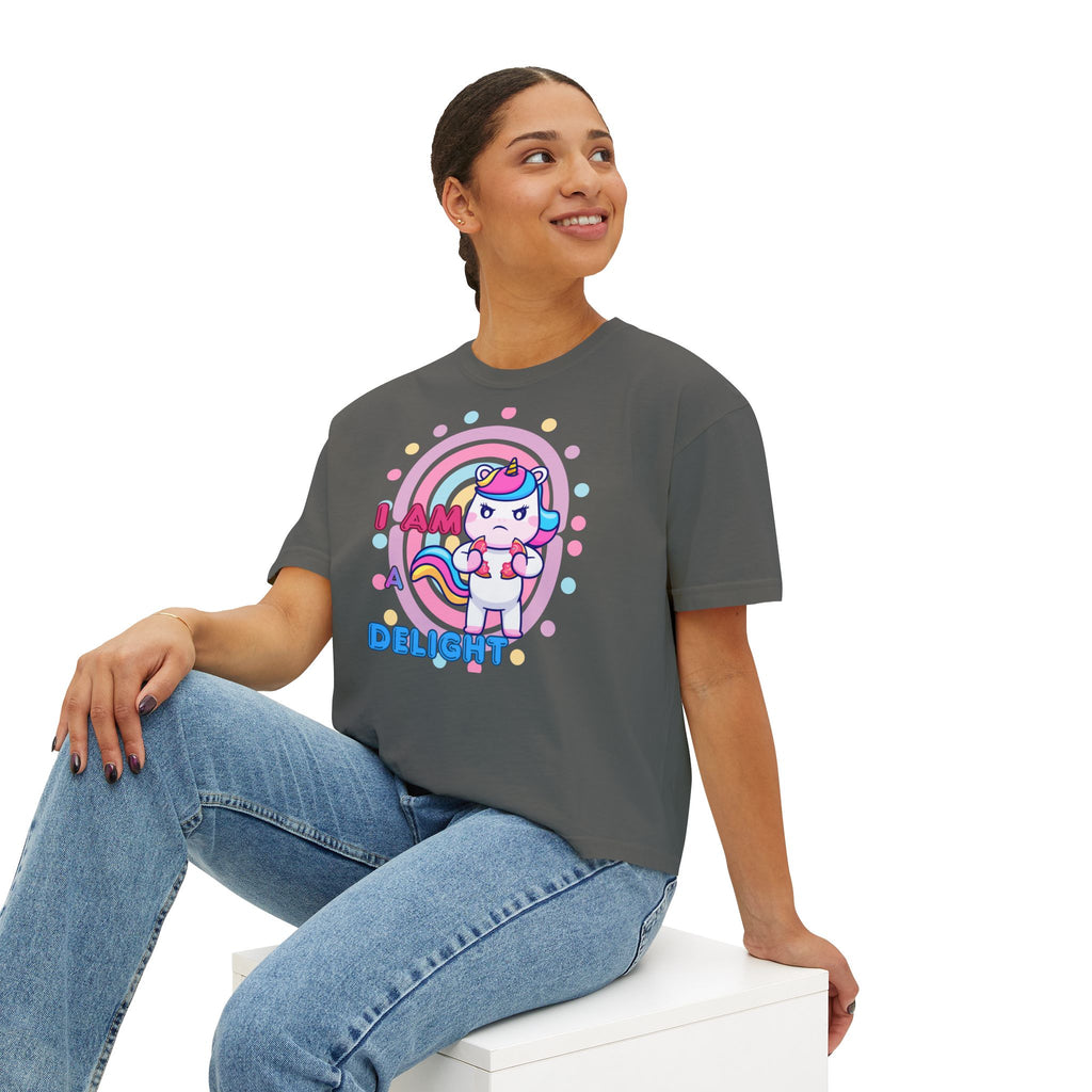 I Am Delight Unicorn Boxy Tee — Cute Rainbow Graphic Women’s Shirt