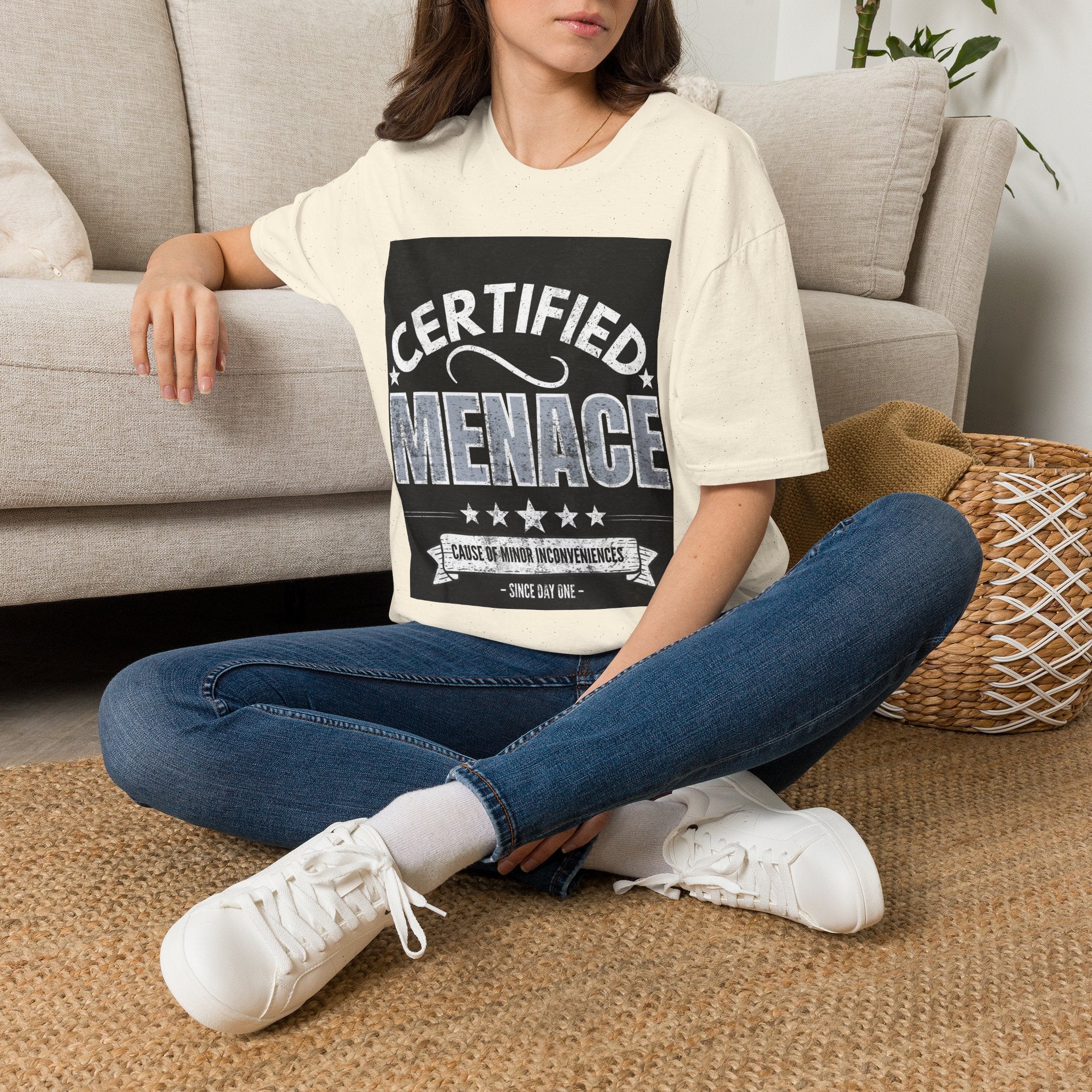 Certified Menace T-Shirt White Writing Black Background – Funny Retro Badge Graphic Tee