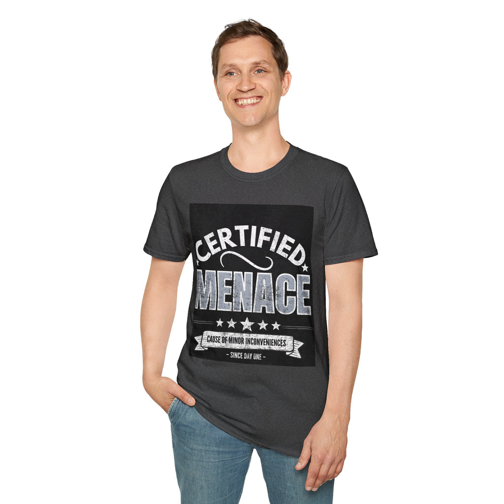 Certified Menace T-Shirt White Writing Black Background – Funny Retro Badge Graphic Tee