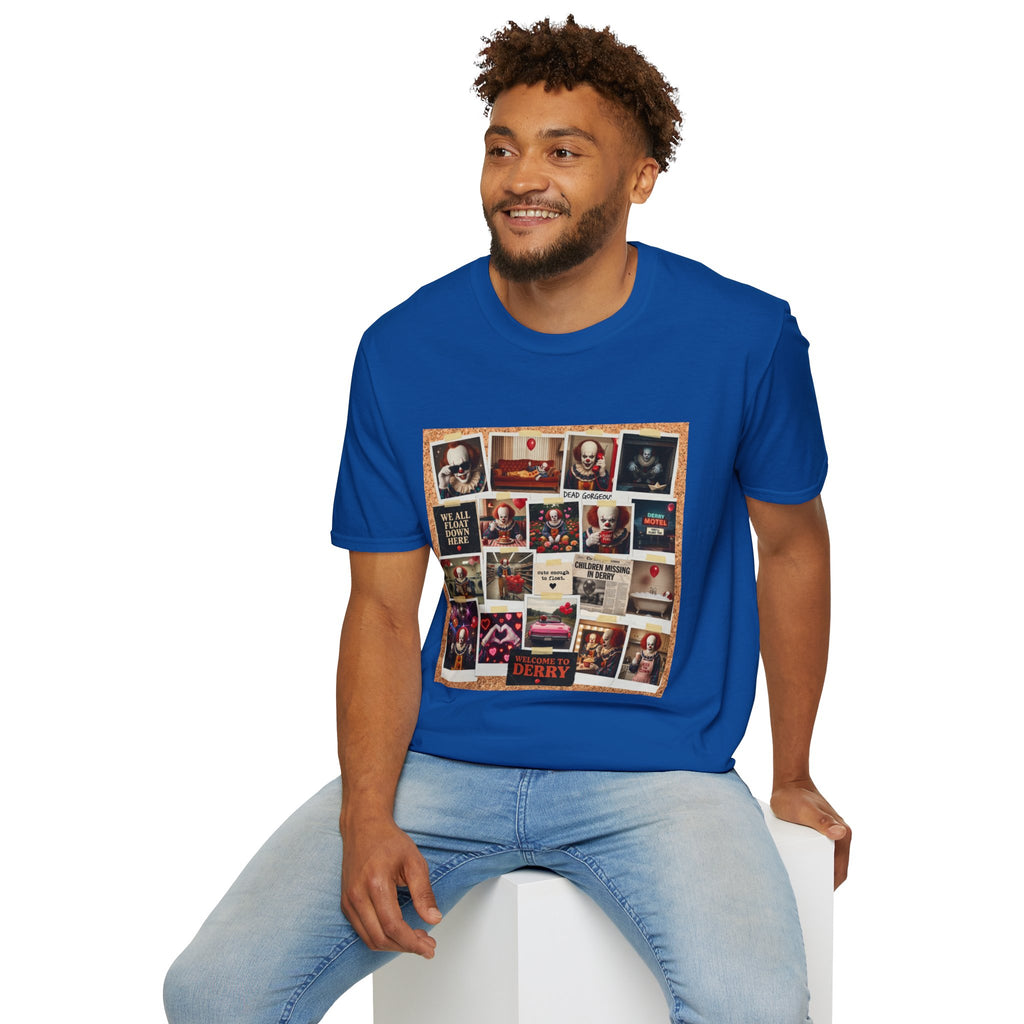 Horror Movie Clown Collage T‑Shirt — 'We All Float Down Here' Vintage Poster Tee