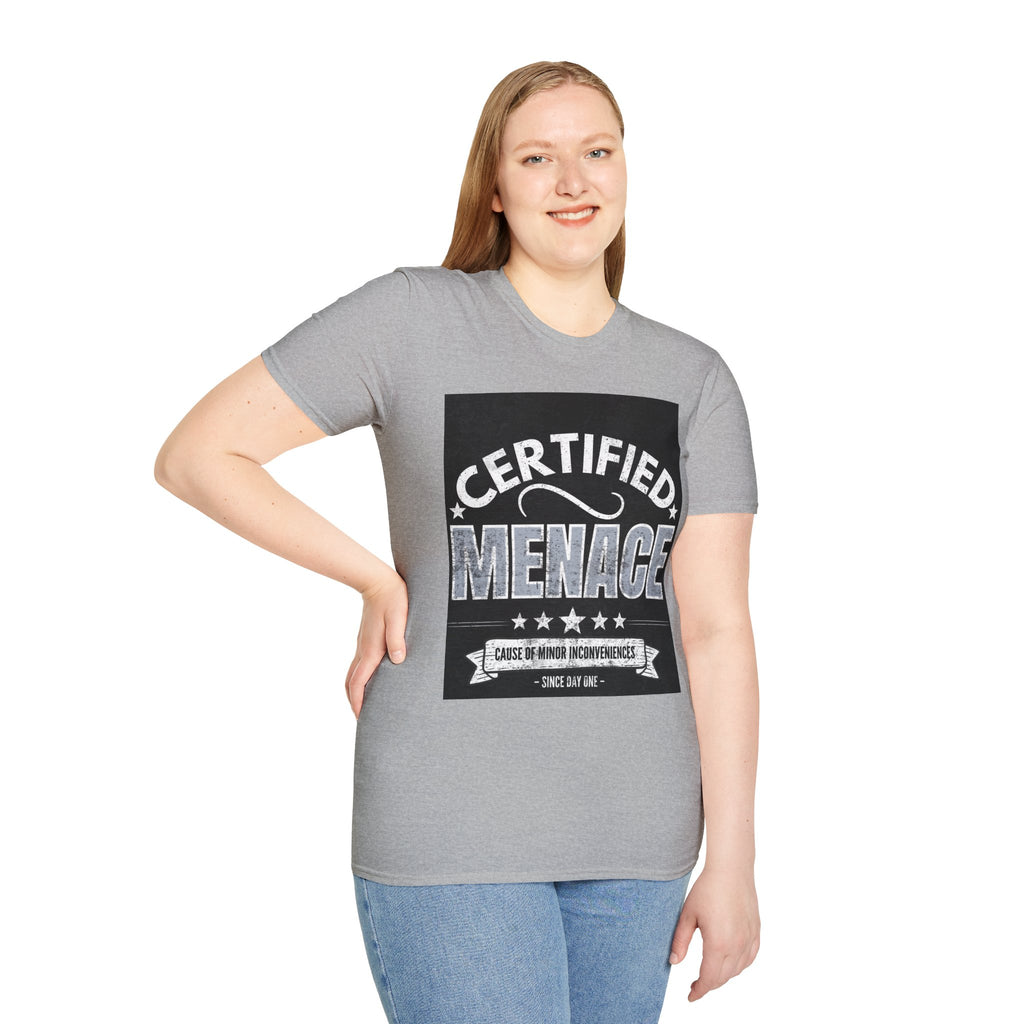 Certified Menace T-Shirt White Writing Black Background – Funny Retro Badge Graphic Tee