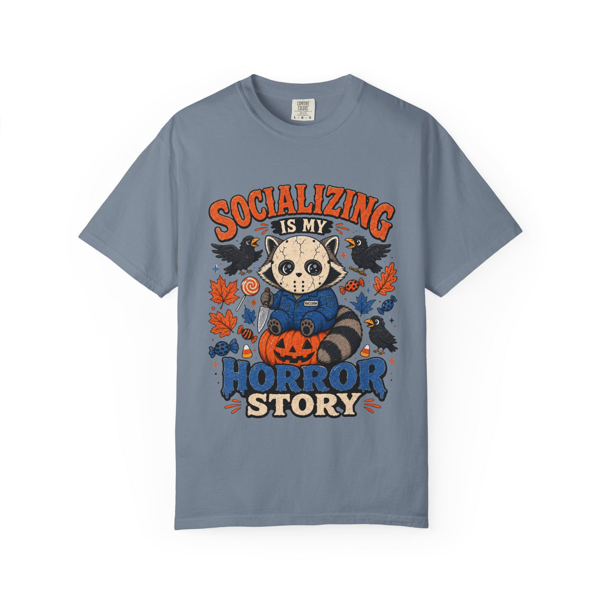 Halloween Tee "Socializing Is My Horror Story" Jason Raccoon
