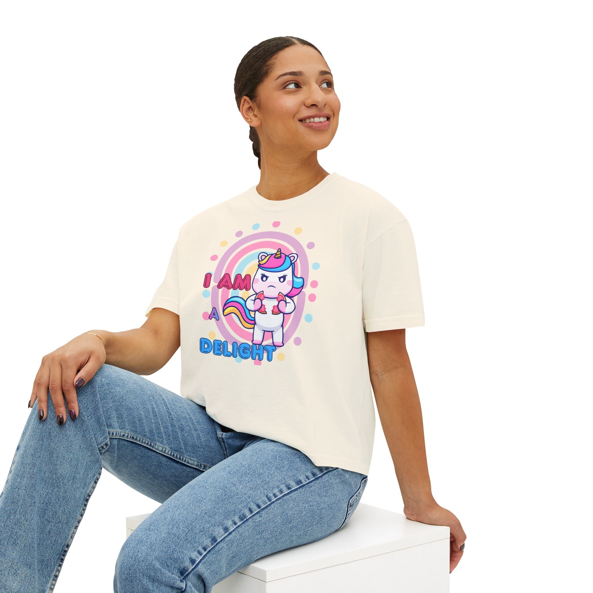 I Am Delight Unicorn Boxy Tee — Cute Rainbow Graphic Women’s Shirt