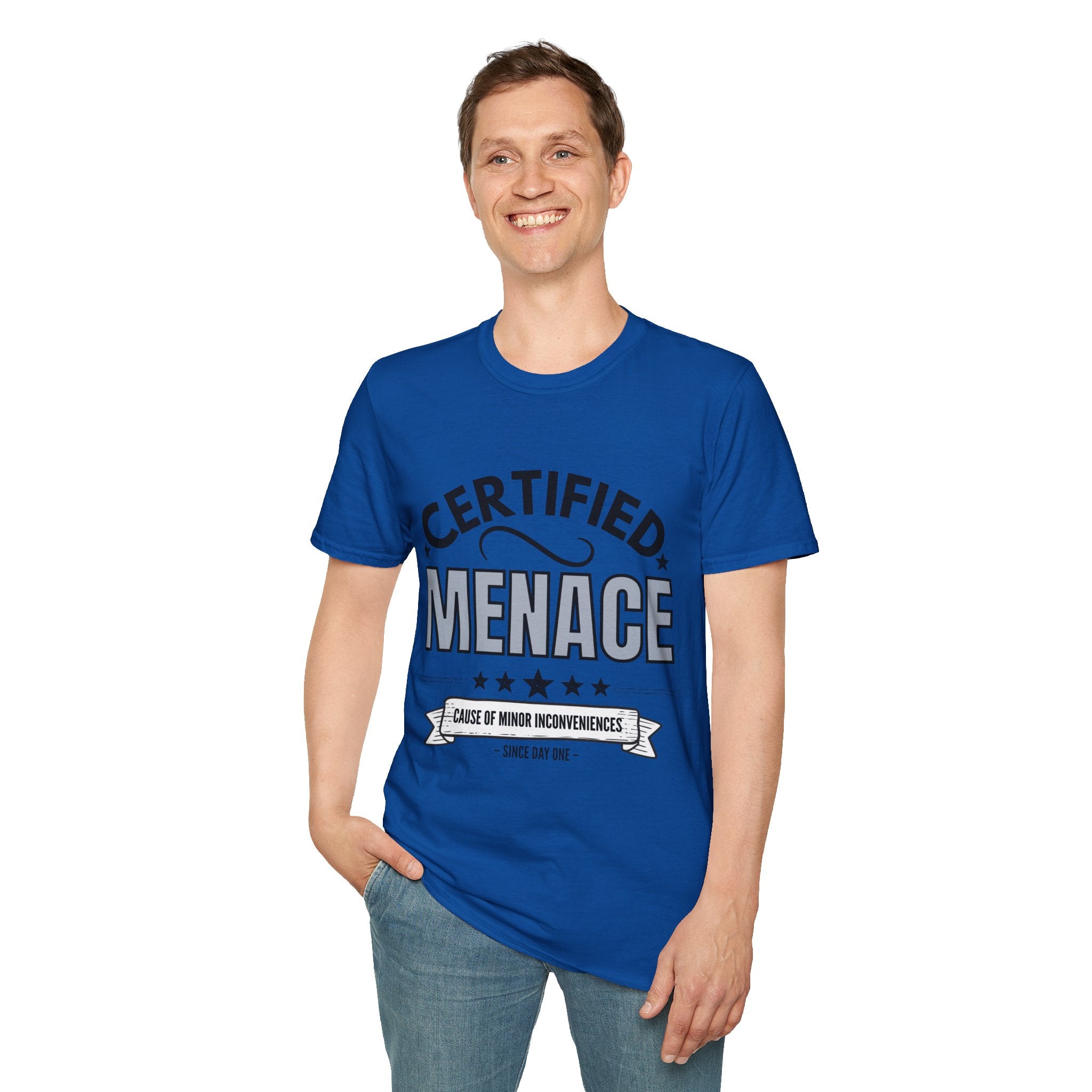 Certified Menace T-Shirt Black Writing — Funny Retro Badge Tee for Sarcastic Teens & Friends