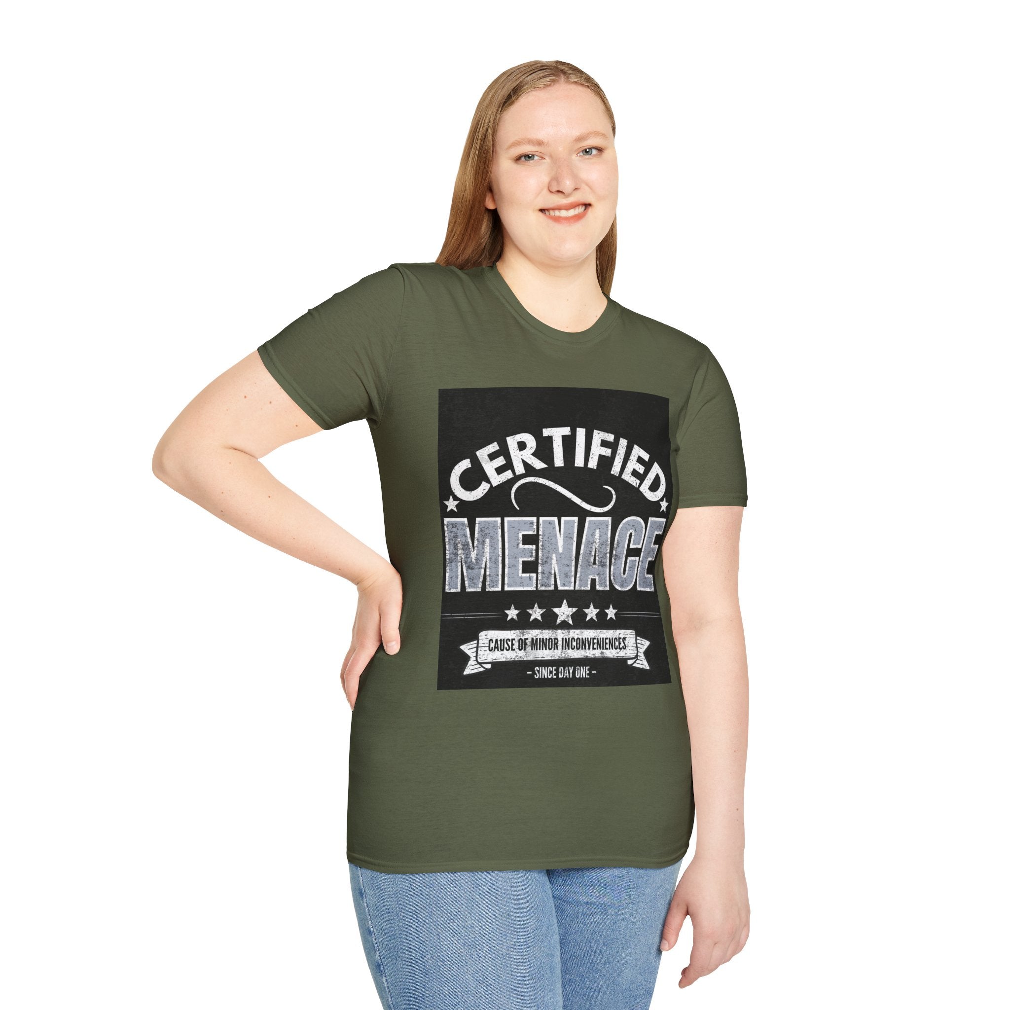 Certified Menace T-Shirt White Writing Black Background – Funny Retro Badge Graphic Tee