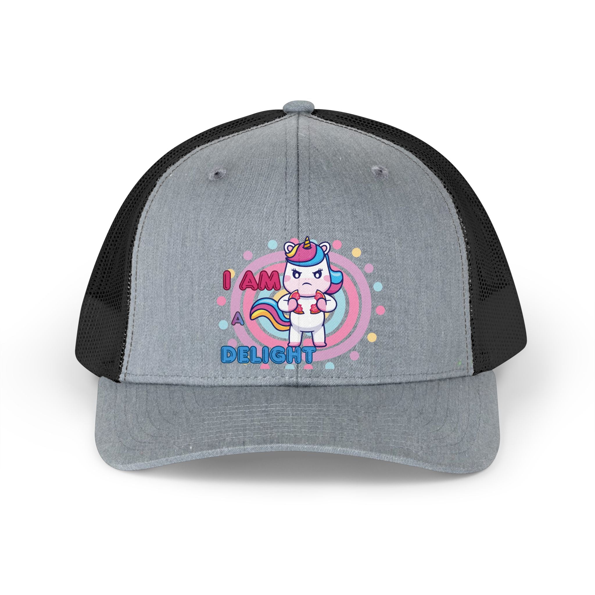 Retro Unicorn Trucker Hat — "I Am Delight" Cute Pastel Rainbow Cap