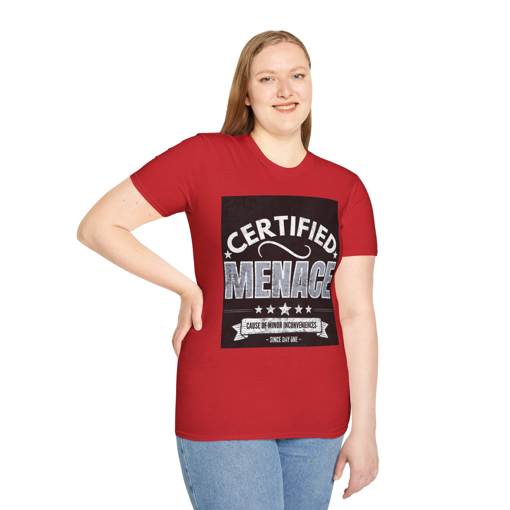 Certified Menace T-Shirt White Writing Black Background – Funny Retro Badge Graphic Tee