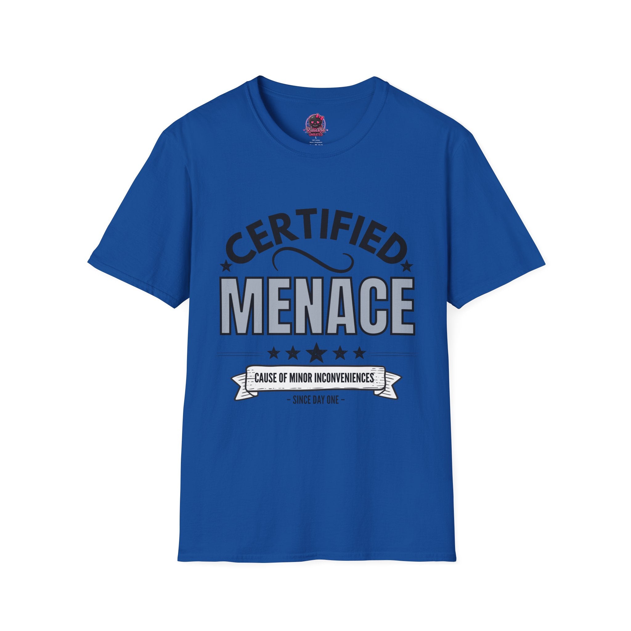 Certified Menace T-Shirt Black Writing — Funny Retro Badge Tee for Sarcastic Teens & Friends