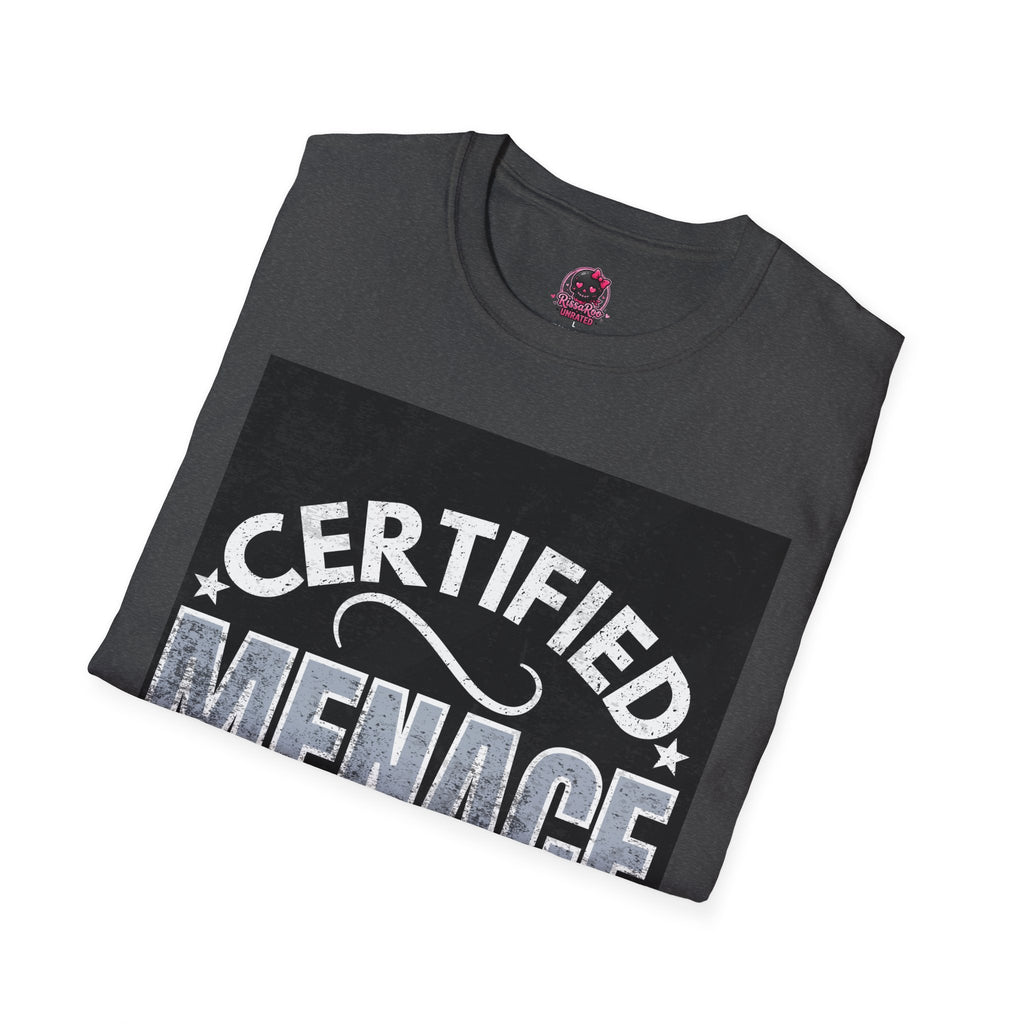 Certified Menace T-Shirt White Writing Black Background – Funny Retro Badge Graphic Tee