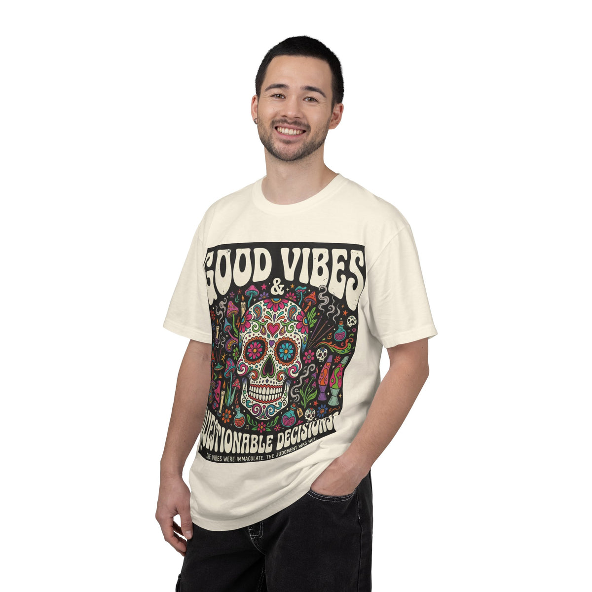 T-Shirt — "Good Vibes & Questionable Decisions" Sugar Skull Graphic