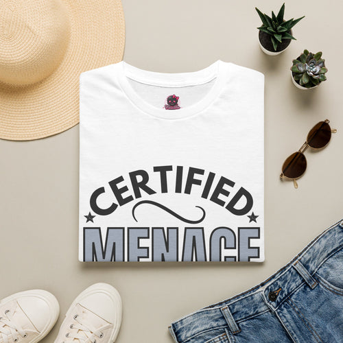 Certified Menace T-Shirt Black Writing — Funny Retro Badge Tee for Sarcastic Teens & Friends