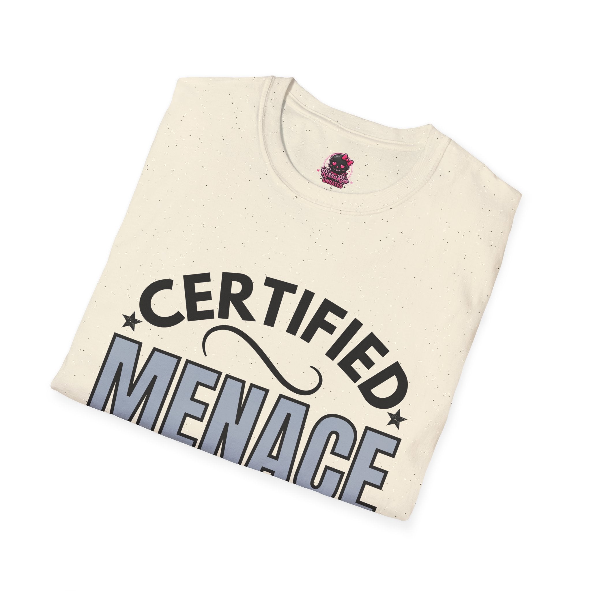 Certified Menace T-Shirt Black Writing — Funny Retro Badge Tee for Sarcastic Teens & Friends