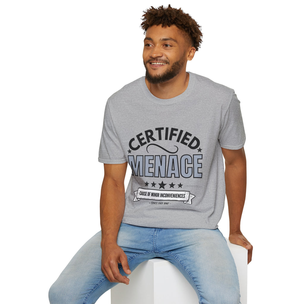 Certified Menace T-Shirt Black Writing — Funny Retro Badge Tee for Sarcastic Teens & Friends