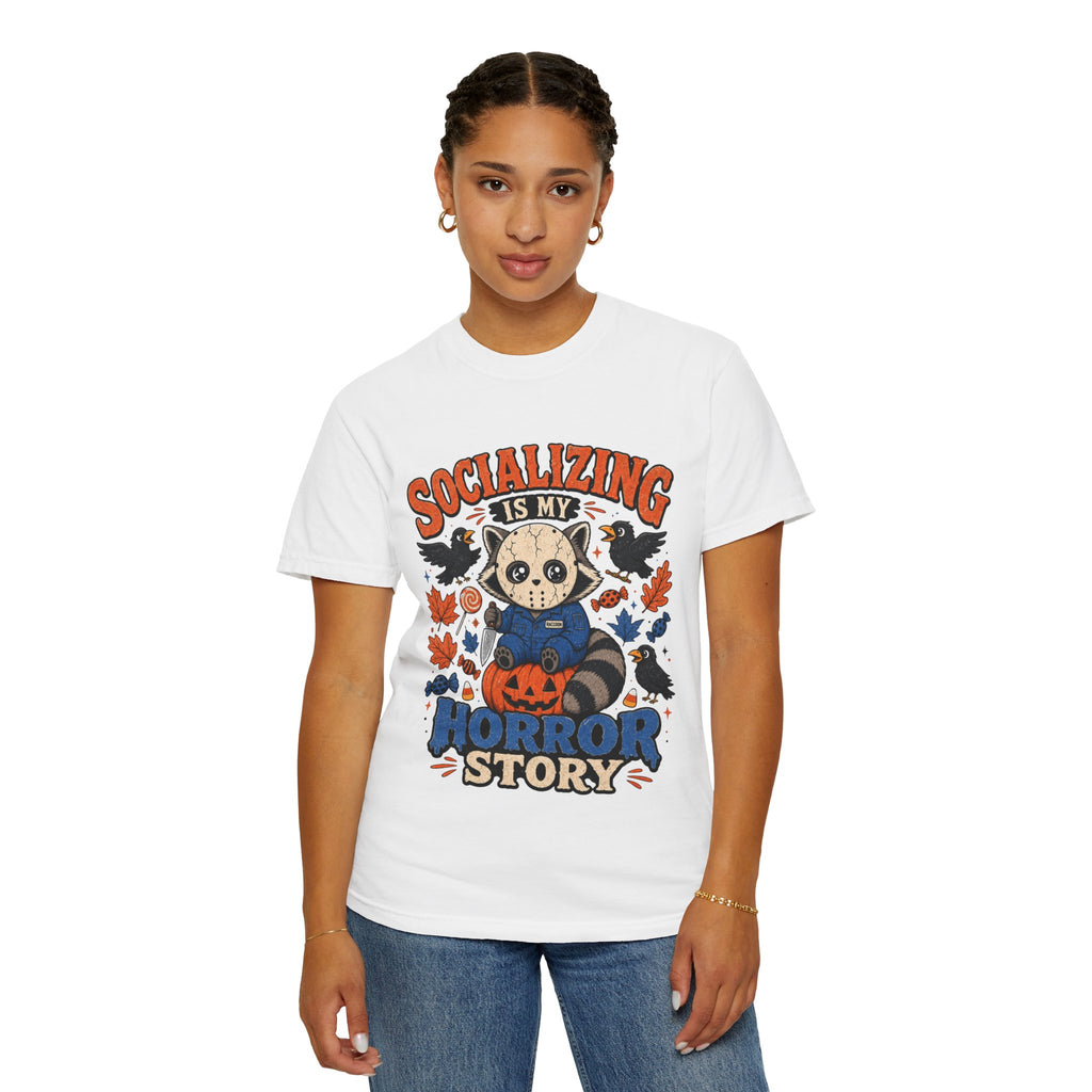 Halloween Tee "Socializing Is My Horror Story" Jason Raccoon