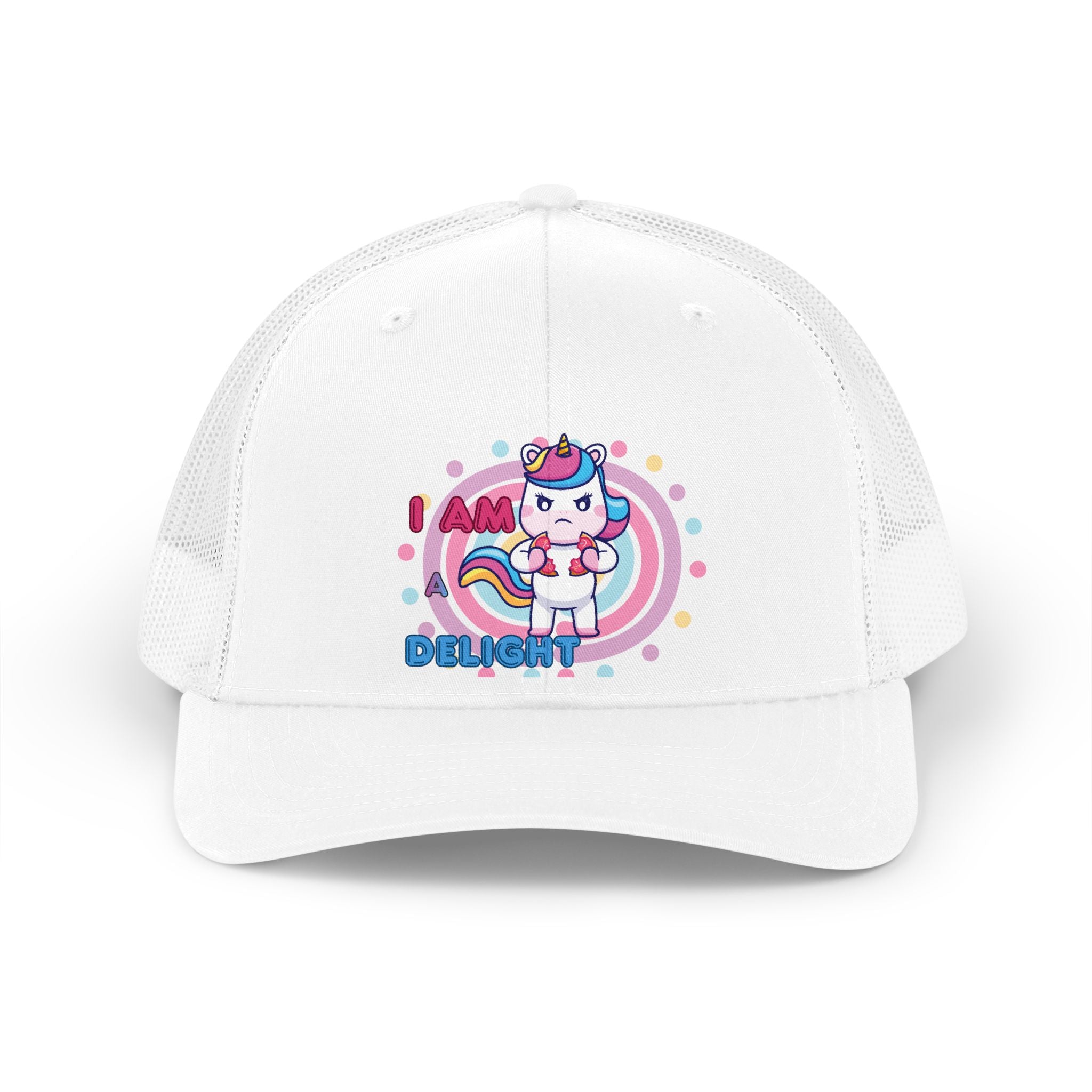 Retro Unicorn Trucker Hat — "I Am Delight" Cute Pastel Rainbow Cap