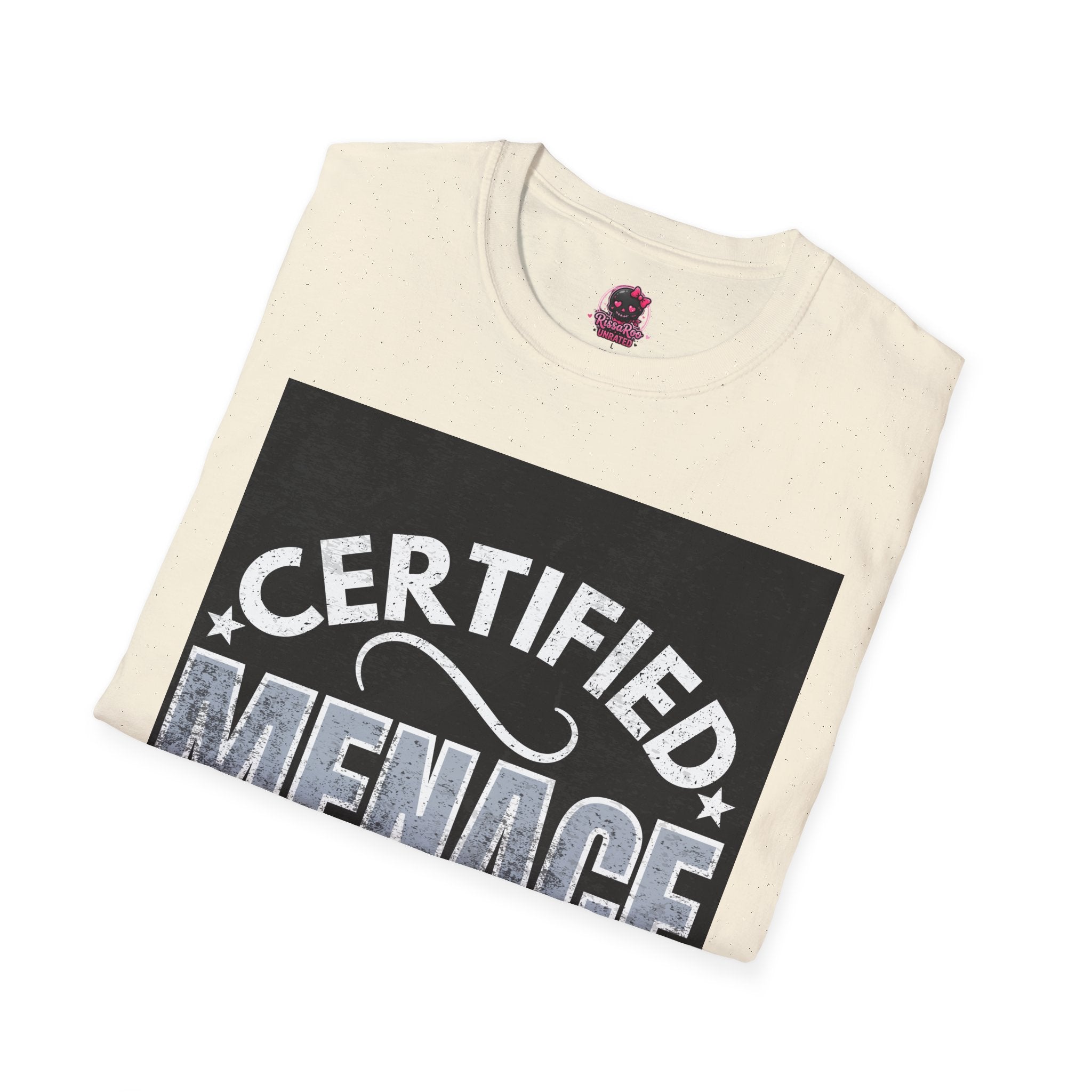 Certified Menace T-Shirt White Writing Black Background – Funny Retro Badge Graphic Tee