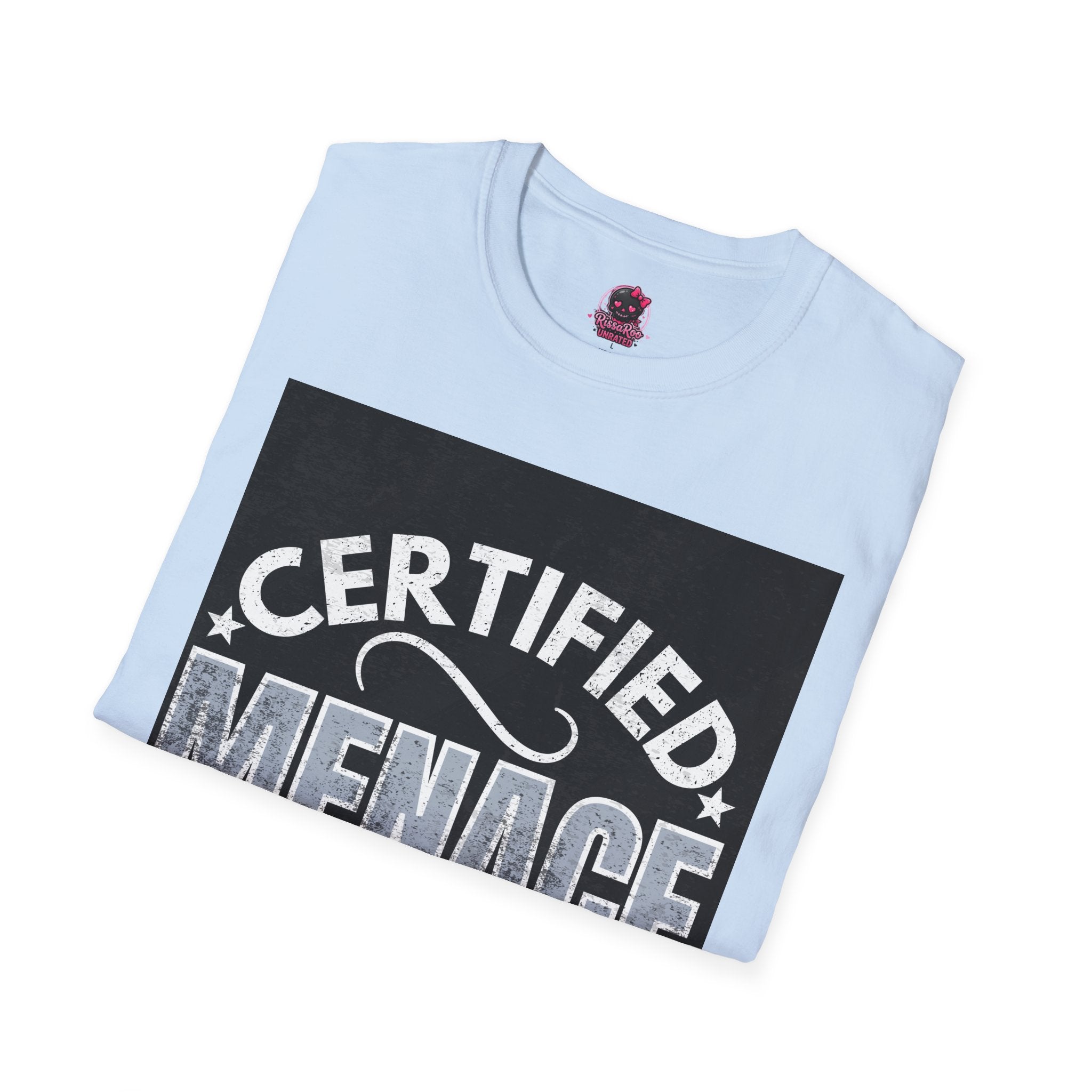 Certified Menace T-Shirt White Writing Black Background – Funny Retro Badge Graphic Tee