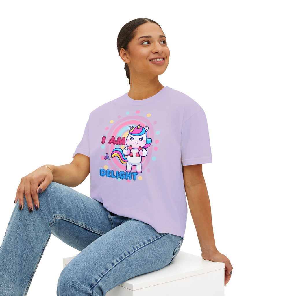 I Am Delight Unicorn Boxy Tee — Cute Rainbow Graphic Women’s Shirt