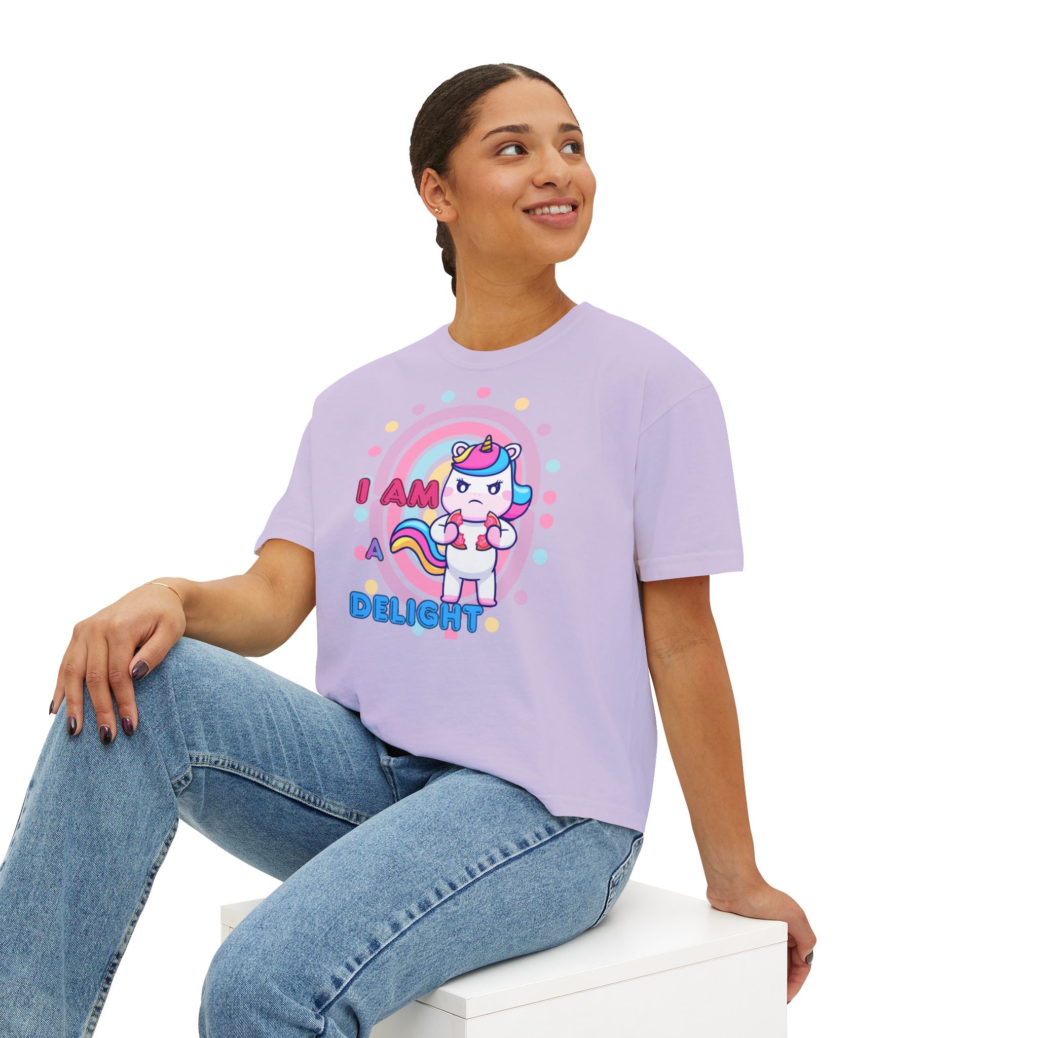 I Am Delight Unicorn Boxy Tee — Cute Rainbow Graphic Women’s Shirt