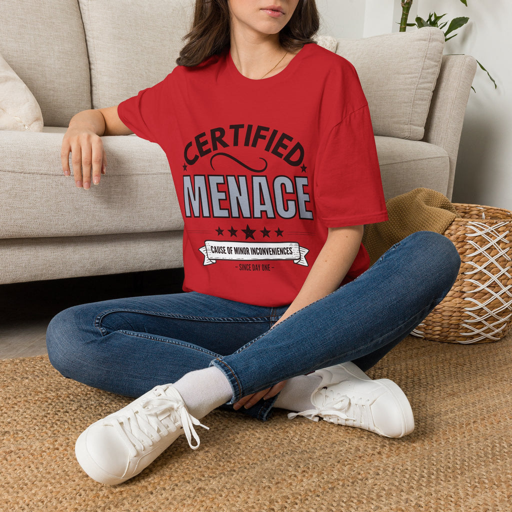 Certified Menace T-Shirt Black Writing — Funny Retro Badge Tee for Sarcastic Teens & Friends