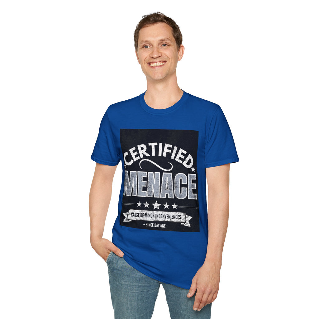 Certified Menace T-Shirt White Writing Black Background – Funny Retro Badge Graphic Tee