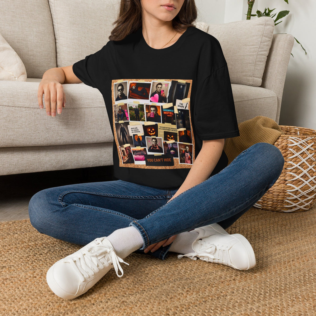 T-Shirt — Retro Polaroid Horror Collage Tee (vintage motel & masked slasher photos)