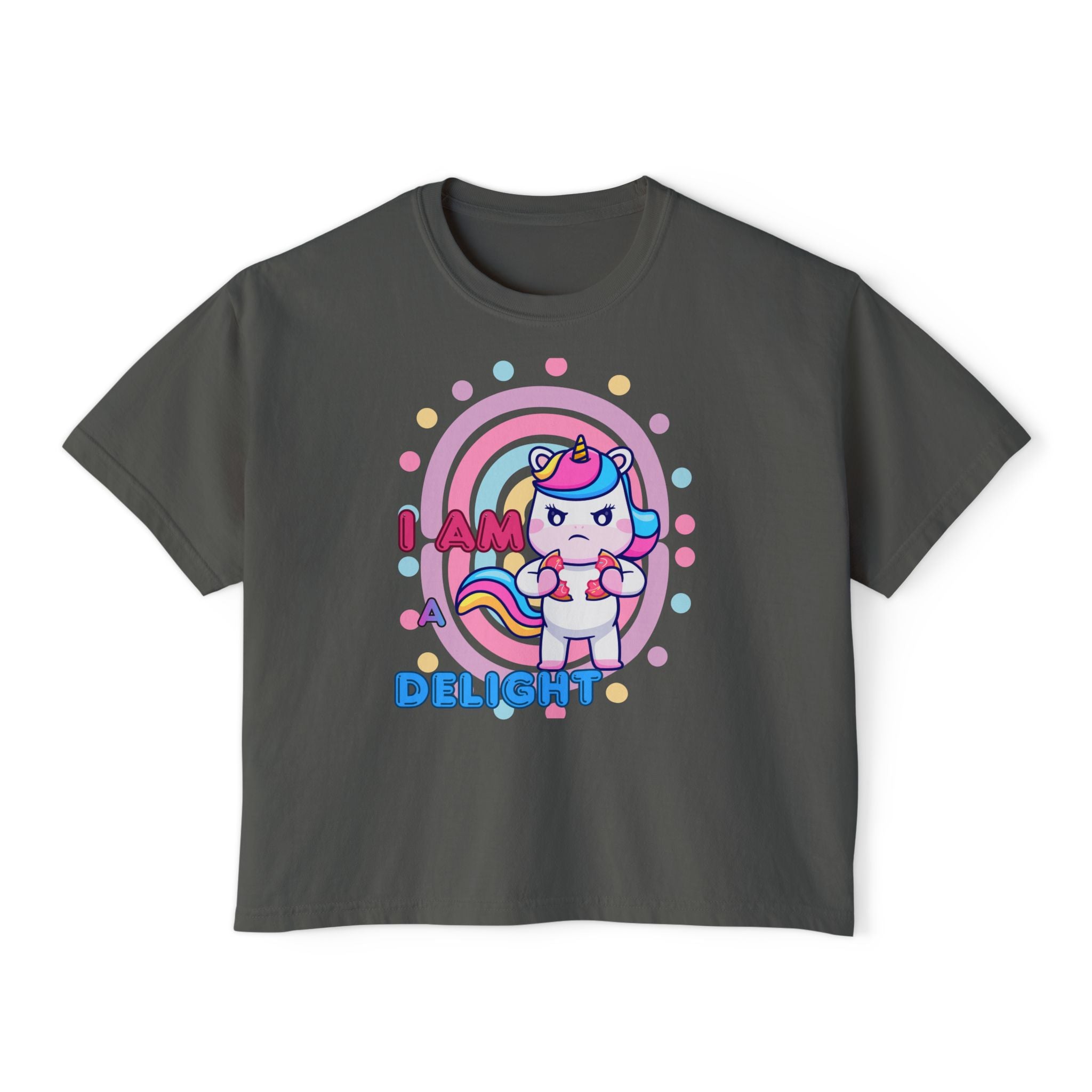 I Am Delight Unicorn Boxy Tee — Cute Rainbow Graphic Women’s Shirt
