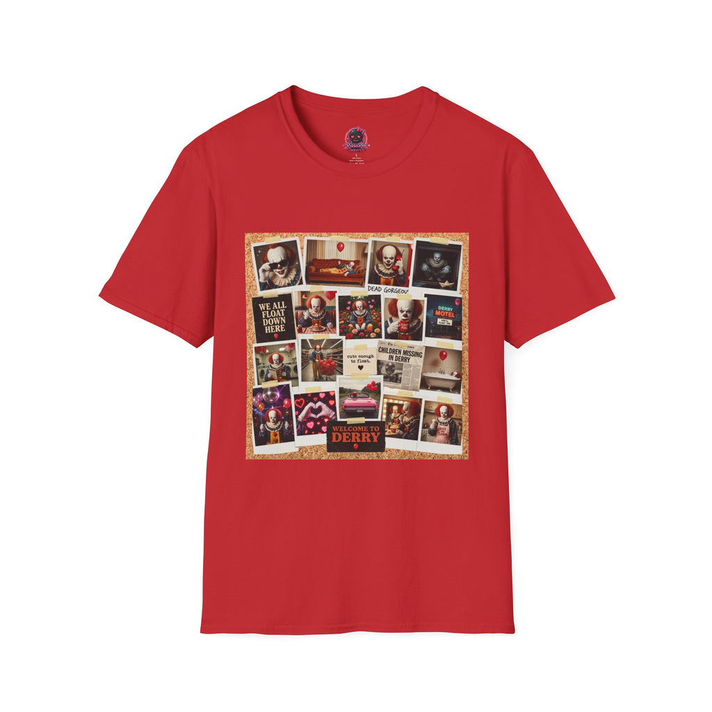 Horror Movie Clown Collage T‑Shirt — 'We All Float Down Here' Vintage Poster Tee