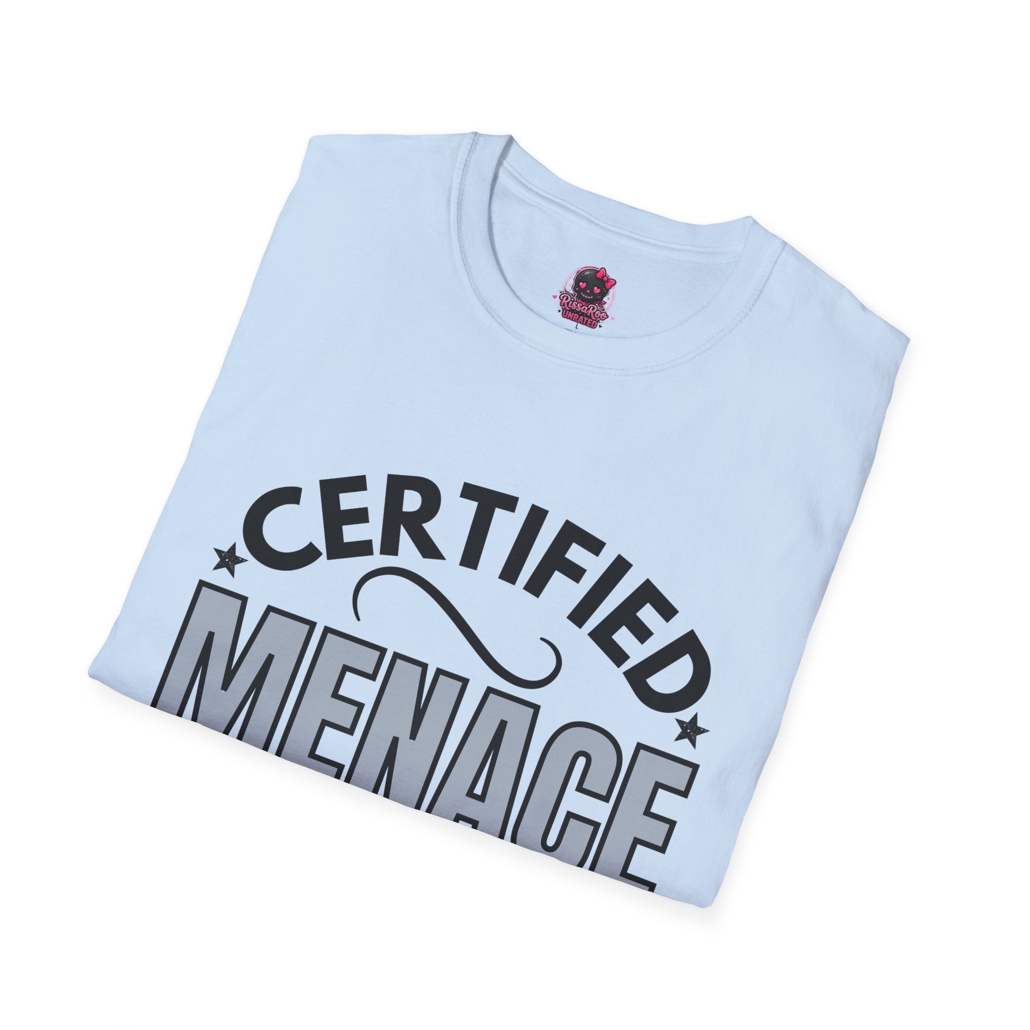 Certified Menace T-Shirt Black Writing — Funny Retro Badge Tee for Sarcastic Teens & Friends