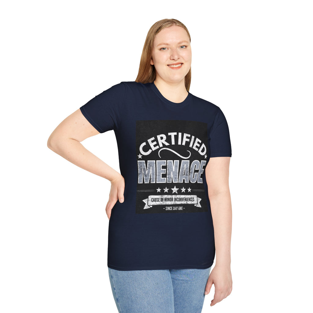 Certified Menace T-Shirt White Writing Black Background – Funny Retro Badge Graphic Tee