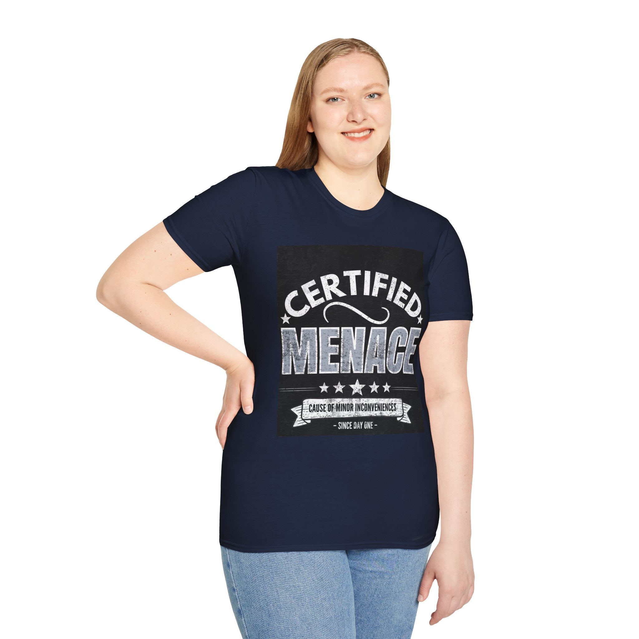 Certified Menace T-Shirt White Writing Black Background – Funny Retro Badge Graphic Tee