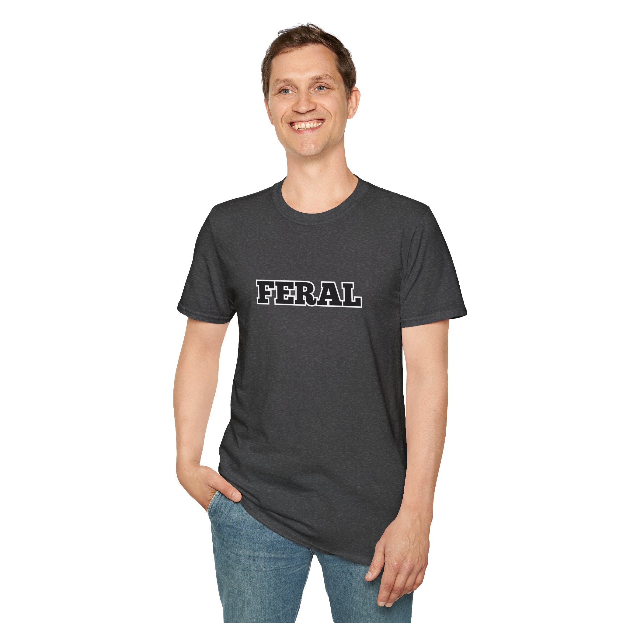 FERAL Graphic Tee — Bold Collegiate Lettering Casual T-Shirt