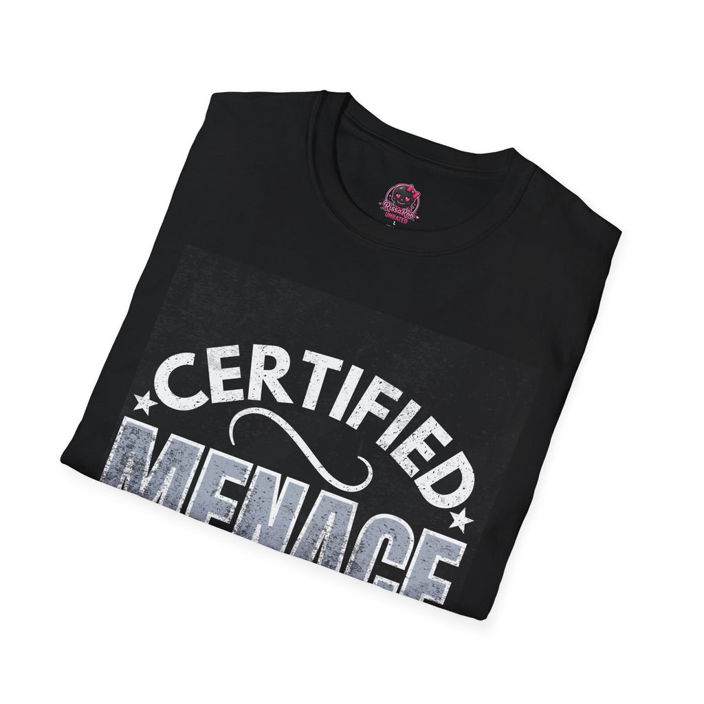 Certified Menace T-Shirt White Writing Black Background – Funny Retro Badge Graphic Tee