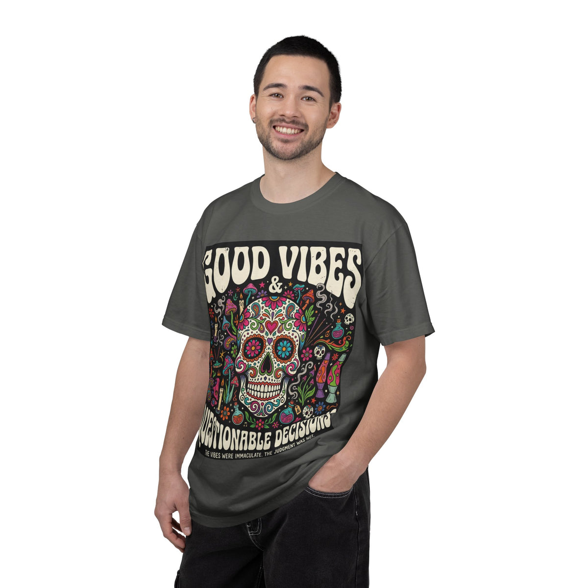 T-Shirt — "Good Vibes & Questionable Decisions" Sugar Skull Graphic