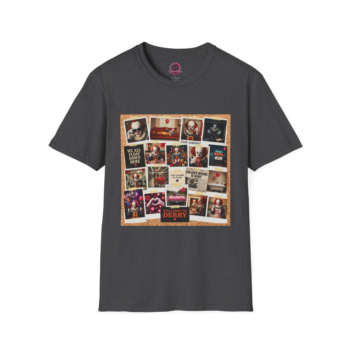 Horror Movie Clown Collage T‑Shirt — 'We All Float Down Here' Vintage Poster Tee