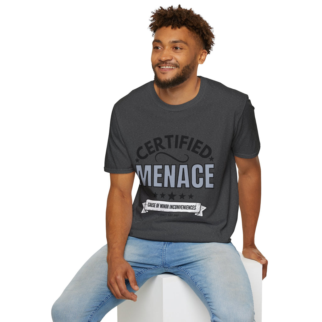 Certified Menace T-Shirt Black Writing — Funny Retro Badge Tee for Sarcastic Teens & Friends