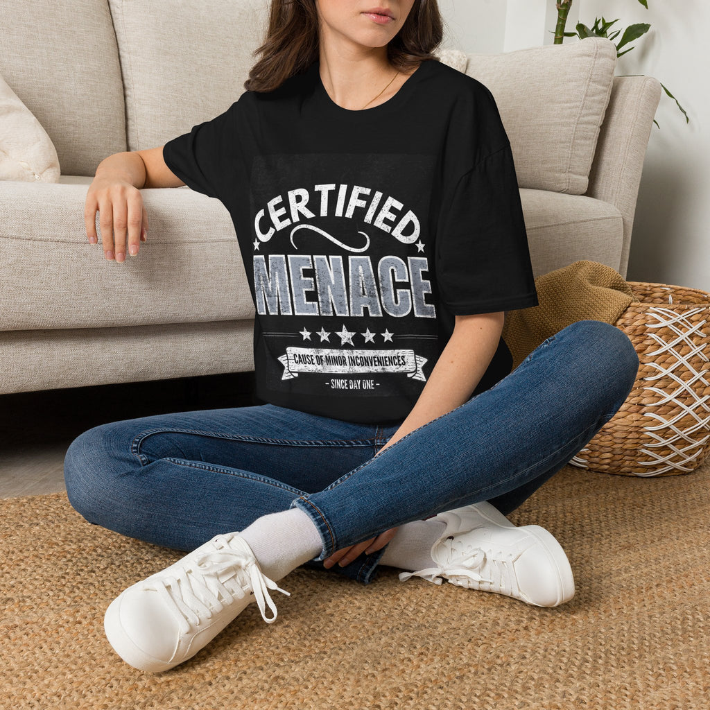 Certified Menace T-Shirt White Writing Black Background – Funny Retro Badge Graphic Tee