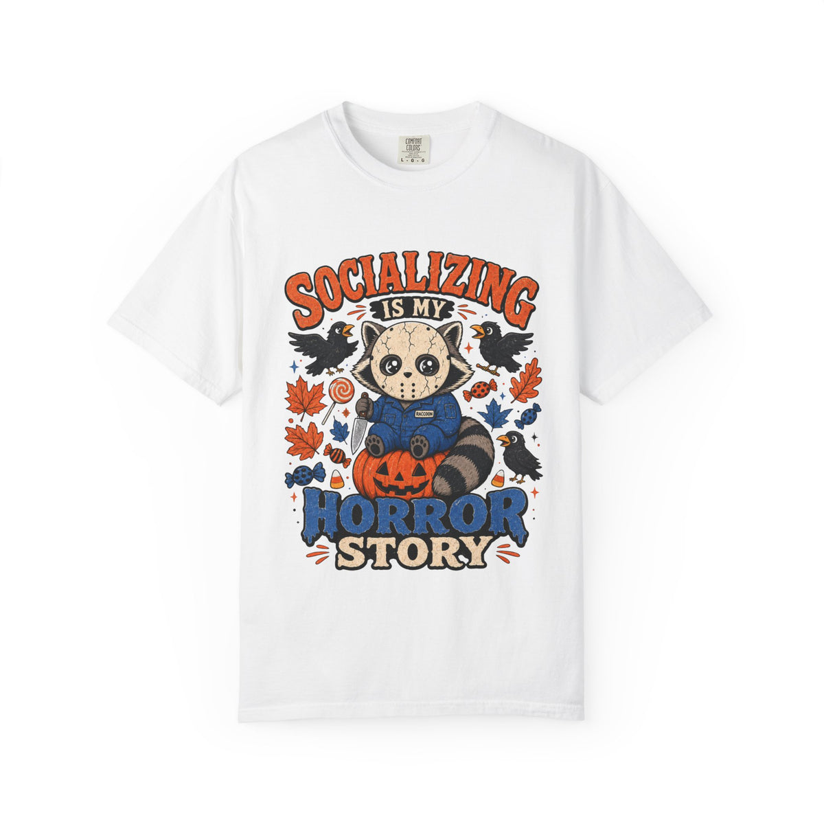 Halloween Tee "Socializing Is My Horror Story" Jason Raccoon